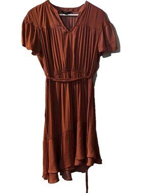 Simply Vera Wang Tie Waist Tiered Ruffles Dress Rust Sz M